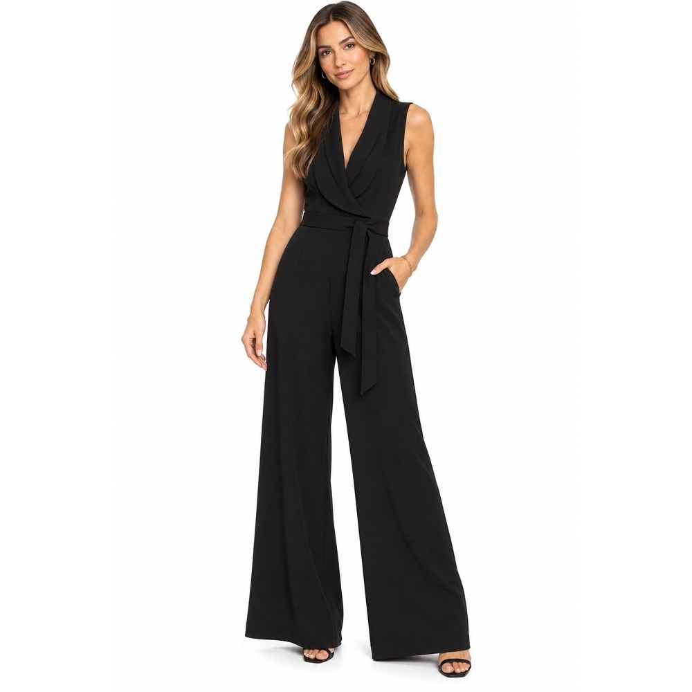 Cupcakes and Cashmere Jumpsuit 10 Black Wide Leg Wrap Belted Cocktail Party